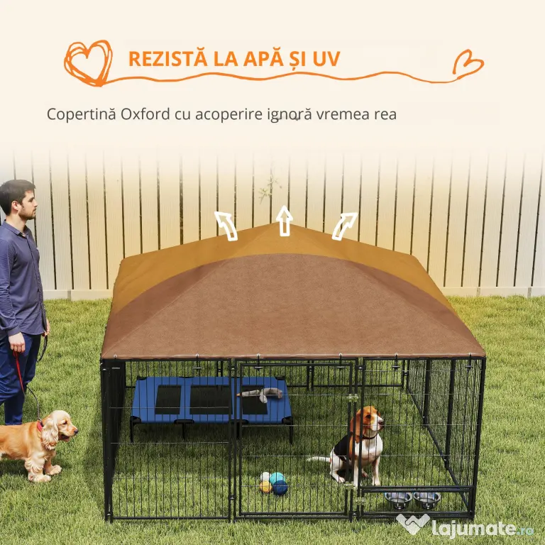 PawHut Tarc Câini din Metal cu Ușă pentru Bol, Padoc caine pentru Exterior cu Acoperiș din țesătură Oxford, 211x211x151 cm, Negru | Aosom Romania