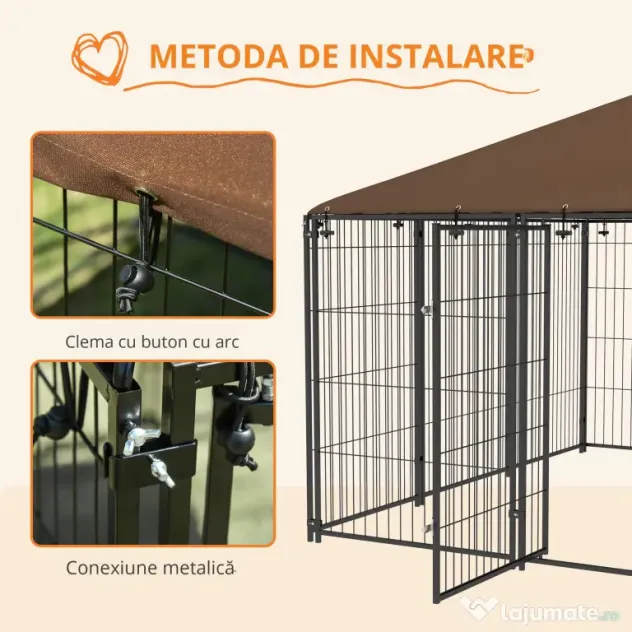 PawHut Tarc Câini din Metal cu Ușă pentru Bol, Padoc caine pentru Exterior cu Acoperiș din țesătură Oxford, 211x211x151 cm, Negru | Aosom Romania