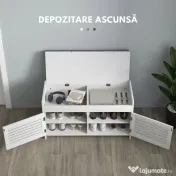 HOMCOM Bancă Pantofi, Bancă Depozitare Intrare cu Pernă, Depozitare Ascunsă, Rafturi Reglabile și Uși, 90x36x50 cm, Alb 