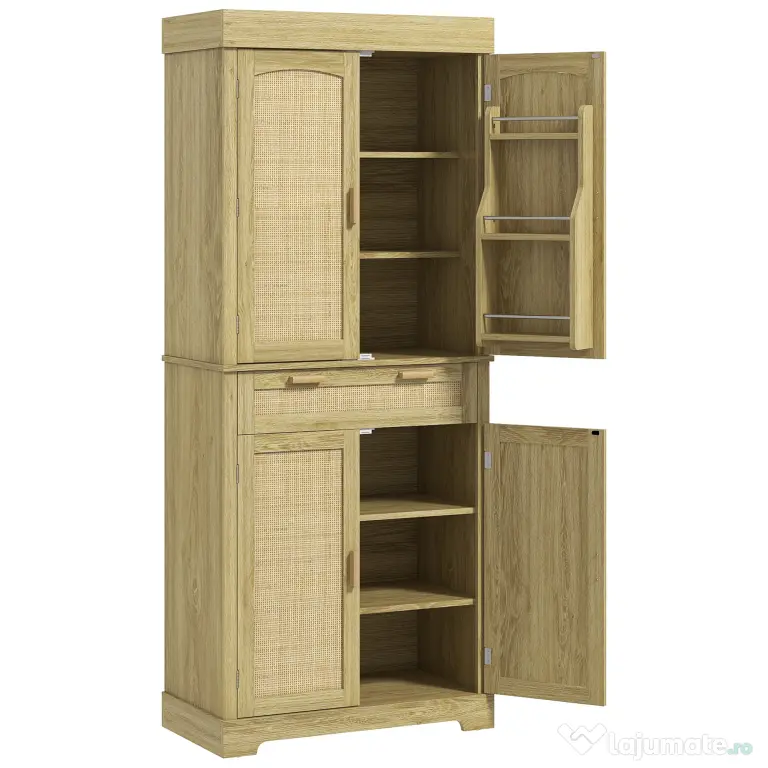 HOMCOM Dulap Bucătărie 76×40×183 cm cu 2 Uși și Sertar, Rafturi Condimente, Stejar | Aosom Romania