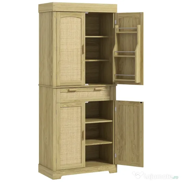HOMCOM Dulap Bucătărie 76×40×183 cm cu 2 Uși și Sertar, Rafturi Condimente, Stejar | Aosom Romania