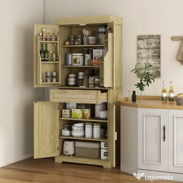 HOMCOM Dulap Bucătărie 76×40×183 cm cu 2 Uși și Sertar, Rafturi Condimente, Stejar | Aosom Romania