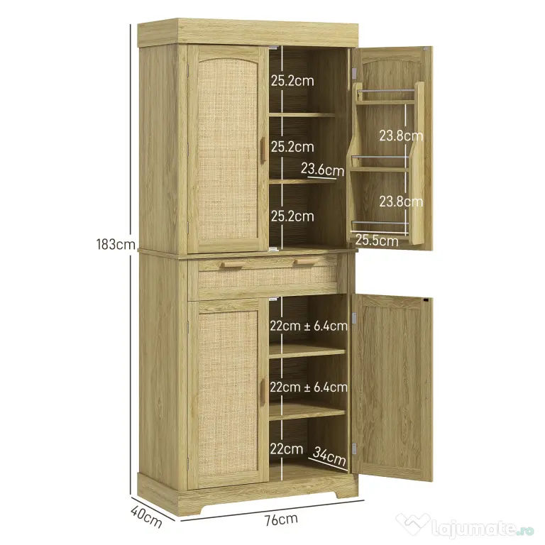 HOMCOM Dulap Bucătărie 76×40×183 cm cu 2 Uși și Sertar, Rafturi Condimente, Stejar | Aosom Romania