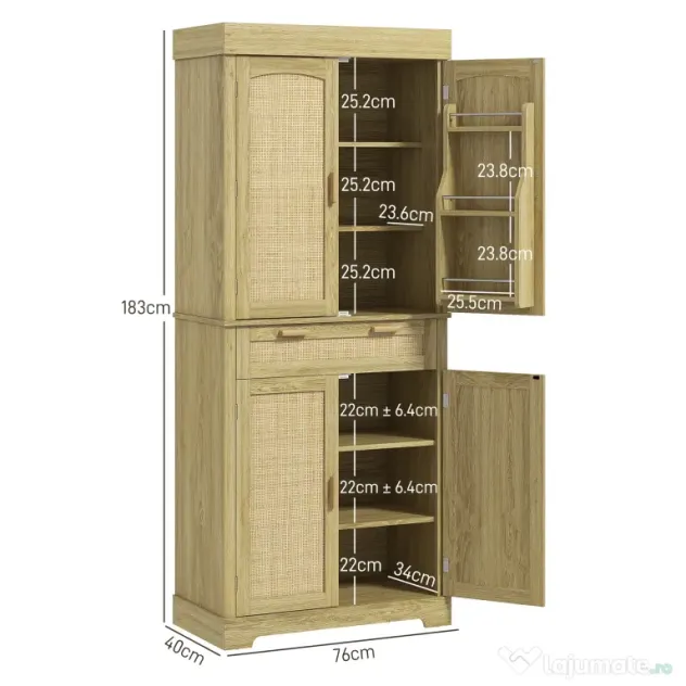 HOMCOM Dulap Bucătărie 76×40×183 cm cu 2 Uși și Sertar, Rafturi Condimente, Stejar | Aosom Romania