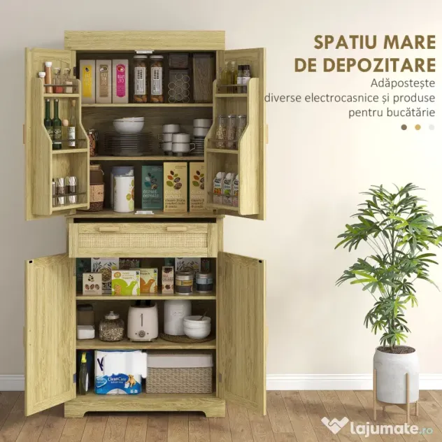 HOMCOM Dulap Bucătărie 76×40×183 cm cu 2 Uși și Sertar, Rafturi Condimente, Stejar | Aosom Romania