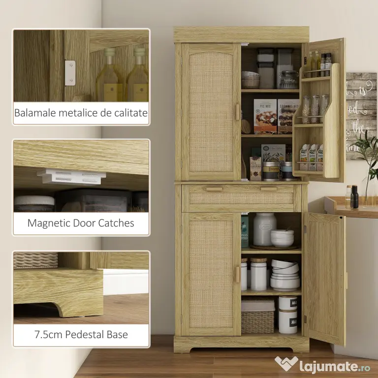 HOMCOM Dulap Bucătărie 76×40×183 cm cu 2 Uși și Sertar, Rafturi Condimente, Stejar | Aosom Romania