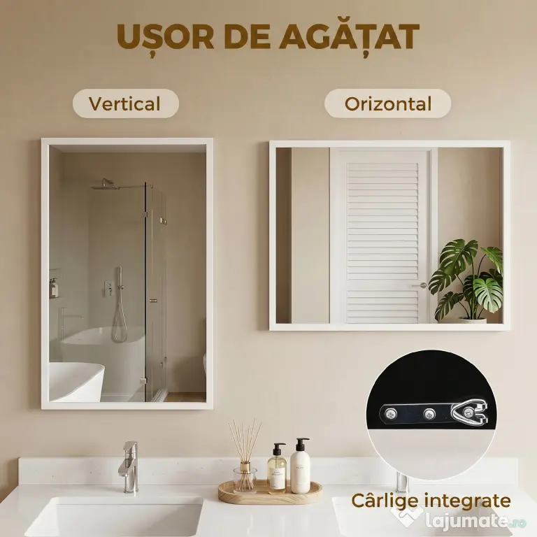 HOMCOM Oglindă Dreptunghiulară de Perete cu Cârlige, Sticlă și MDF, 60x80 cm, Negru | Aosom Romania