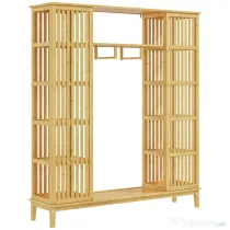 HOMCOM Dulap Deschis din Bambus cu 2 Uși Glisante, Garderobă cu Rafturi și Bară de Haine, 145x35x165 cm, Lemn Natural | Aosom Romania