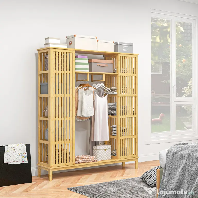 HOMCOM Dulap Deschis din Bambus cu 2 Uși Glisante, Garderobă cu Rafturi și Bară de Haine, 145x35x165 cm, Lemn Natural | Aosom Romania