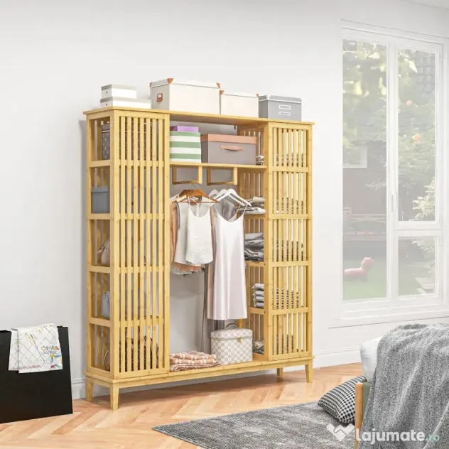 HOMCOM Dulap Deschis din Bambus cu 2 Uși Glisante, Garderobă cu Rafturi și Bară de Haine, 145x35x165 cm, Lemn Natural | Aosom Romania