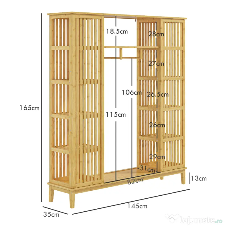 HOMCOM Dulap Deschis din Bambus cu 2 Uși Glisante, Garderobă cu Rafturi și Bară de Haine, 145x35x165 cm, Lemn Natural | Aosom Romania