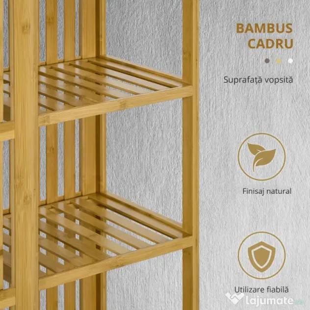 HOMCOM Dulap Deschis din Bambus cu 2 Uși Glisante, Garderobă cu Rafturi și Bară de Haine, 145x35x165 cm, Lemn Natural | Aosom Romania
