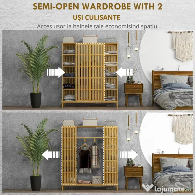 HOMCOM Dulap Deschis din Bambus cu 2 Uși Glisante, Garderobă cu Rafturi și Bară de Haine, 145x35x165 cm, Lemn Natural | Aosom Romania