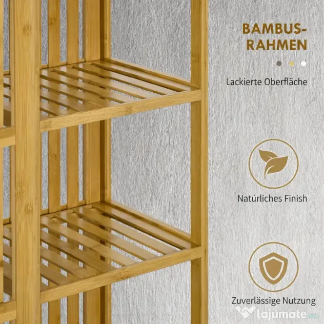 HOMCOM Dulap Deschis din Bambus cu 2 Uși Glisante, Garderobă cu Rafturi și Bară de Haine, 145x35x165 cm, Lemn Natural | Aosom Romania