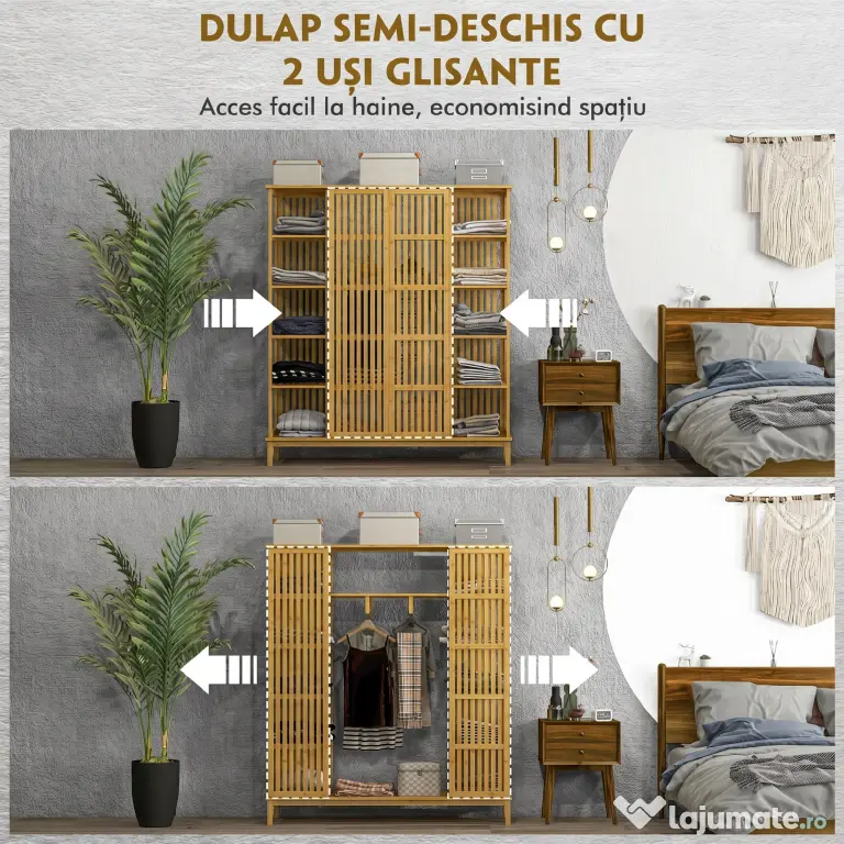 HOMCOM Dulap Deschis din Bambus cu 2 Uși Glisante, Garderobă cu Rafturi și Bară de Haine, 145x35x165 cm, Lemn Natural | Aosom Romania