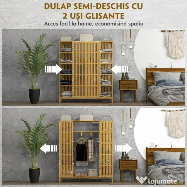 HOMCOM Dulap Deschis din Bambus cu 2 Uși Glisante, Garderobă cu Rafturi și Bară de Haine, 145x35x165 cm, Lemn Natural | Aosom Romania