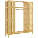 HOMCOM Dulap Deschis din Bambus cu 2 Uși Glisante, Rafturi Deschise și Bară pentru Umerașe, 145x35x165cm