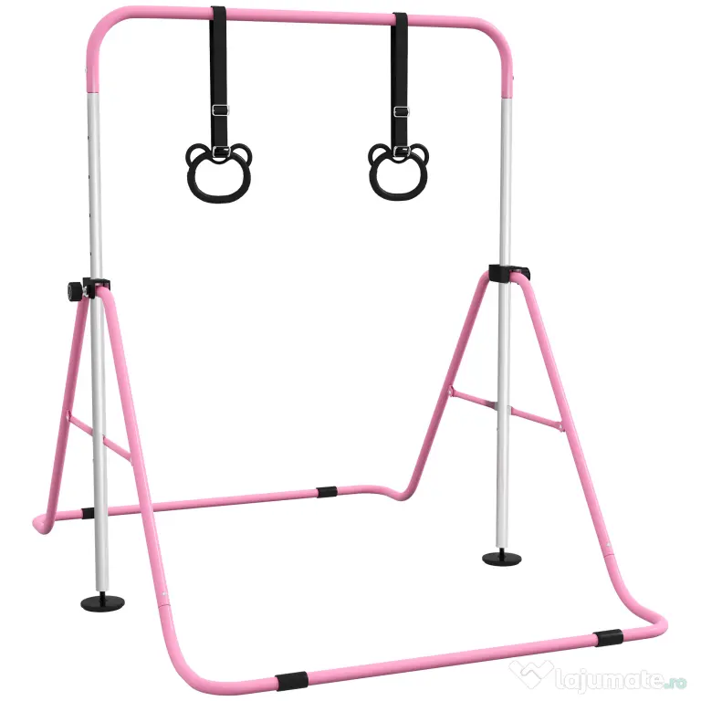 HOMCOM Paralele, Bară de Antrenament cu Înălțime Reglabilă cu 2 Inele și Covoare Antiderapante, 148x105x88-128 cm, Roz | Aosom Romania