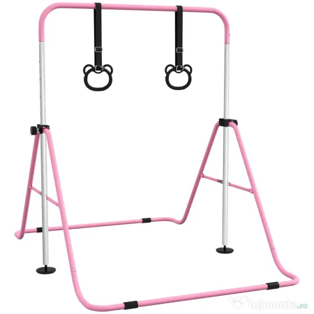 HOMCOM Paralele, Bară de Antrenament cu Înălțime Reglabilă cu 2 Inele și Covoare Antiderapante, 148x105x88-128 cm, Roz | Aosom Romania