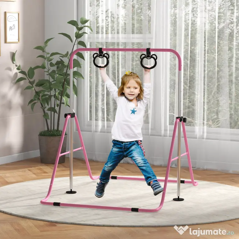 HOMCOM Paralele, Bară de Antrenament cu Înălțime Reglabilă cu 2 Inele și Covoare Antiderapante, 148x105x88-128 cm, Roz | Aosom Romania