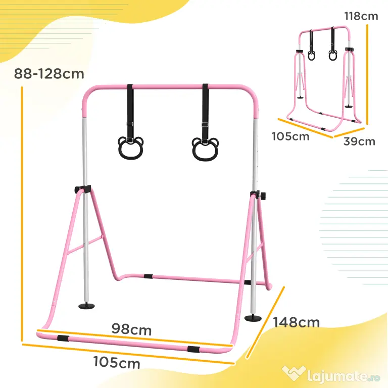 HOMCOM Paralele, Bară de Antrenament cu Înălțime Reglabilă cu 2 Inele și Covoare Antiderapante, 148x105x88-128 cm, Roz | Aosom Romania