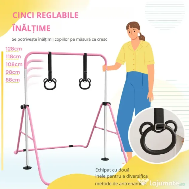 HOMCOM Paralele, Bară de Antrenament cu Înălțime Reglabilă cu 2 Inele și Covoare Antiderapante, 148x105x88-128 cm, Roz | Aosom Romania