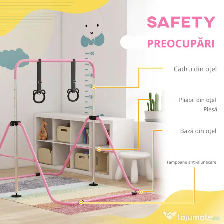 HOMCOM Paralele, Bară de Antrenament cu Înălțime Reglabilă cu 2 Inele și Covoare Antiderapante, 148x105x88-128 cm, Roz | Aosom Romania