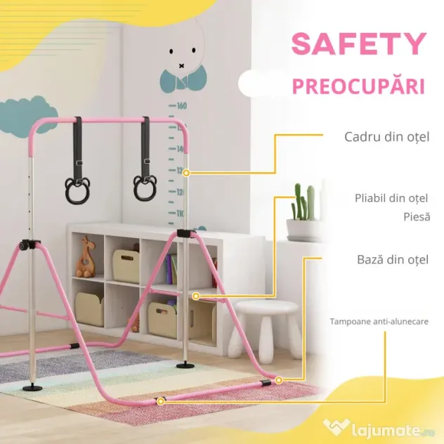 HOMCOM Paralele, Bară de Antrenament cu Înălțime Reglabilă cu 2 Inele și Covoare Antiderapante, 148x105x88-128 cm, Roz | Aosom Romania