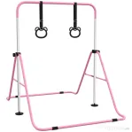 HOMCOM Paralele, Bară de Antrenament cu Înălțime Reglabilă cu 2 Inele și Covoare Antiderapante, 148x105x88-128 cm, Roz
