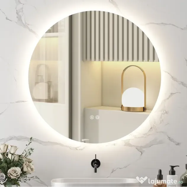 Kleankin Oglinda de Baie Rotunda cu Lumina LED in 3 Culori si intrerupatoare Touch, Ø70x3.5 cm, Transparent | Aosom Romania