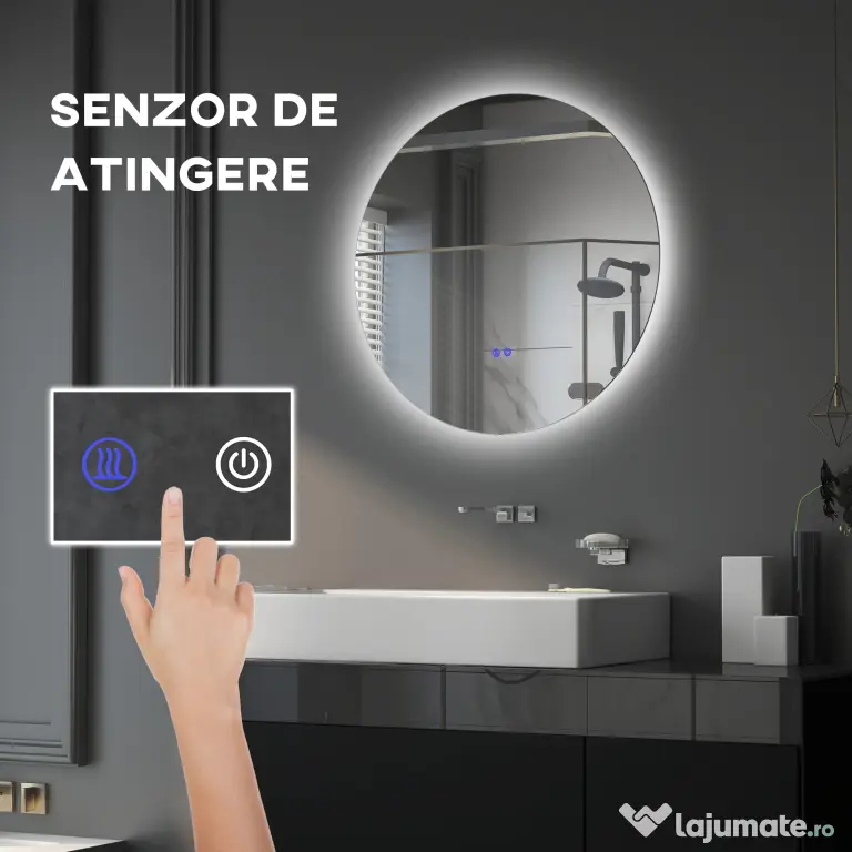 Kleankin Oglinda de Baie Rotunda cu Lumina LED in 3 Culori si intrerupatoare Touch, Ø70x3.5 cm, Transparent | Aosom Romania