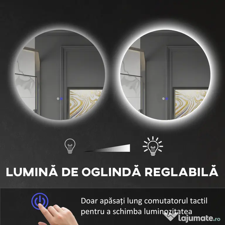 Kleankin Oglinda de Baie Rotunda cu Lumina LED in 3 Culori si intrerupatoare Touch, Ø70x3.5 cm, Transparent | Aosom Romania
