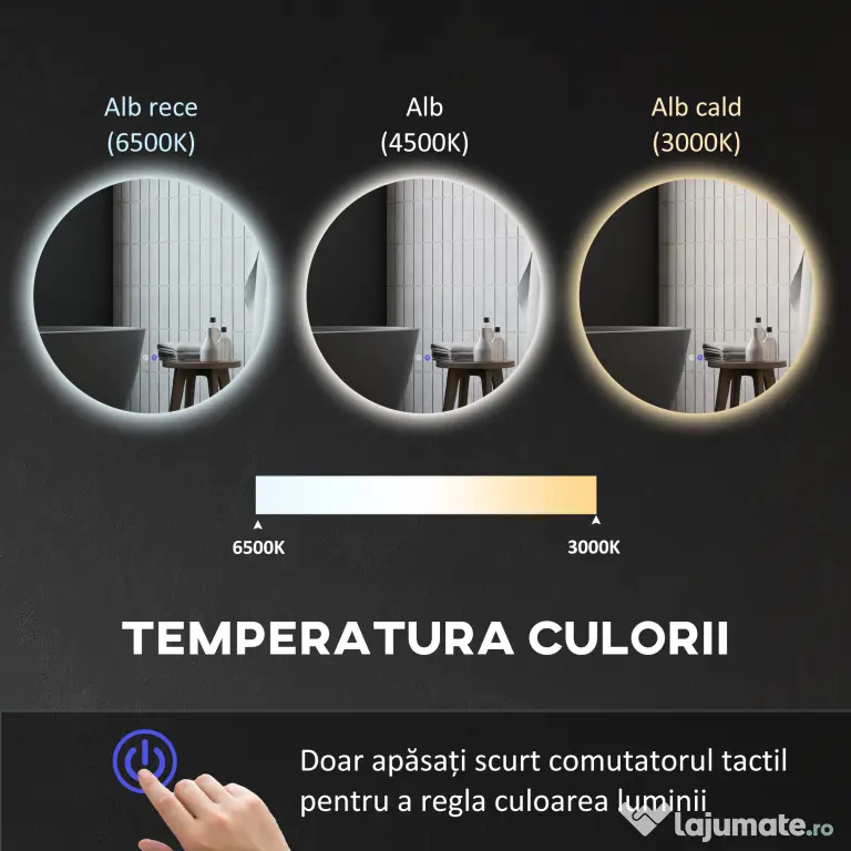 Kleankin Oglinda de Baie Rotunda cu Lumina LED in 3 Culori si intrerupatoare Touch, Ø70x3.5 cm, Transparent | Aosom Romania