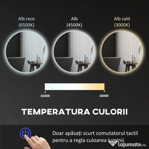 Kleankin Oglinda de Baie Rotunda cu Lumina LED in 3 Culori si intrerupatoare Touch, Ø70x3.5 cm, Transparent | Aosom Romania