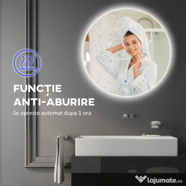 Kleankin Oglinda de Baie Rotunda cu Lumina LED in 3 Culori si intrerupatoare Touch, Ø70x3.5 cm, Transparent | Aosom Romania