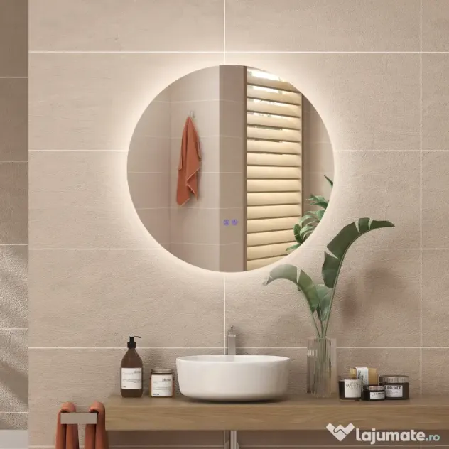 Kleankin Oglinda de Baie Rotunda cu Lumina LED in 3 Culori si intrerupatoare Touch, Ø70x3.5 cm, Transparent | Aosom Romania
