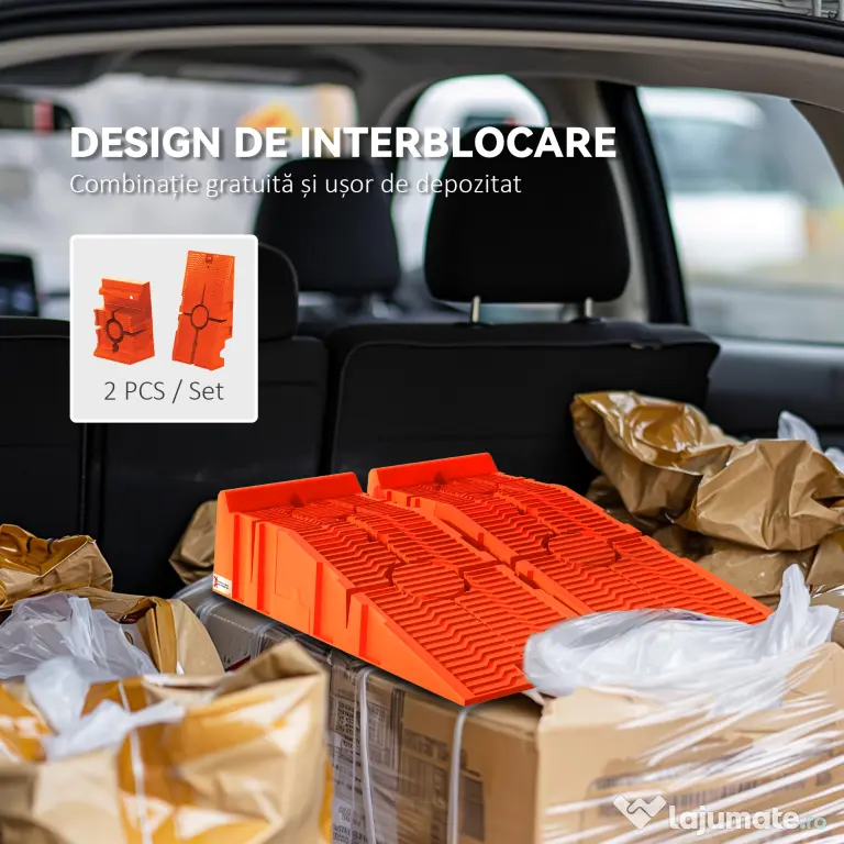 DURHAND Set 2 Rampe de Încărcare pentru Mașină din Plastic cu Sarcină Maximă 5 Tone, 91x30x21 cm, Portocaliu | Aosom Romania