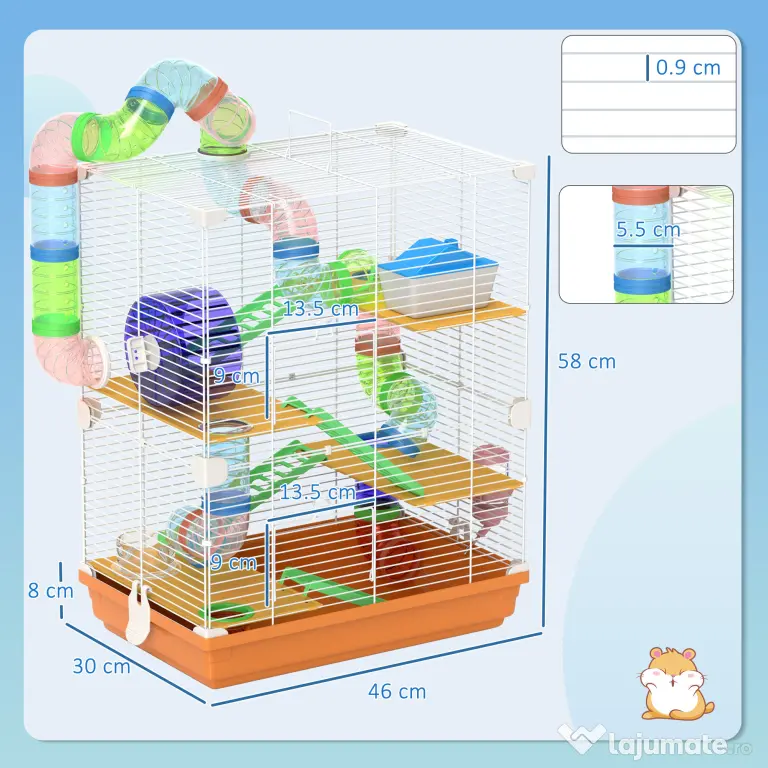 PawHut Cușcă pentru Hamsteri pe 5 Nivele cu Tuburi și Roată din Metal și Plastic Albastru | Aosom Romania