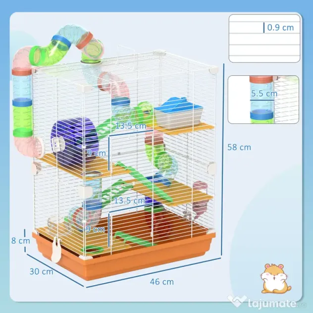 PawHut Cușcă pentru Hamsteri pe 5 Nivele cu Tuburi și Roată din Metal și Plastic Albastru | Aosom Romania