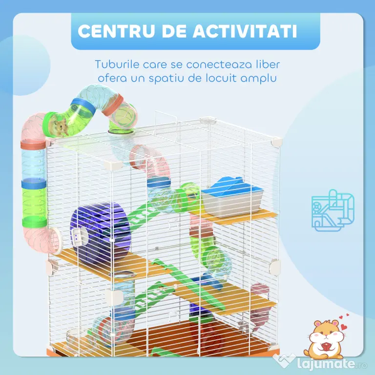 PawHut Cușcă pentru Hamsteri pe 5 Nivele cu Tuburi și Roată din Metal și Plastic Albastru | Aosom Romania