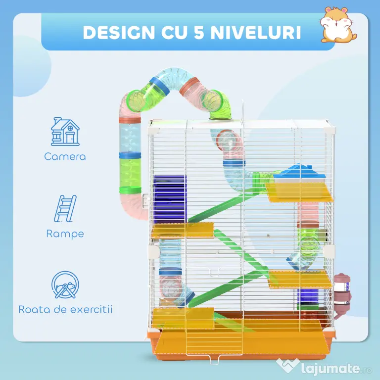 PawHut Cușcă pentru Hamsteri pe 5 Nivele cu Tuburi și Roată din Metal și Plastic Albastru | Aosom Romania