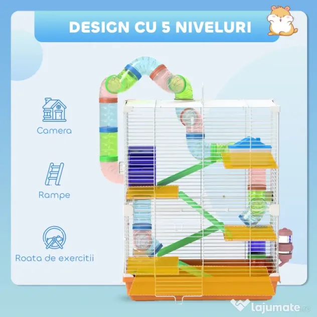 PawHut Cușcă pentru Hamsteri pe 5 Nivele cu Tuburi și Roată din Metal și Plastic Albastru | Aosom Romania