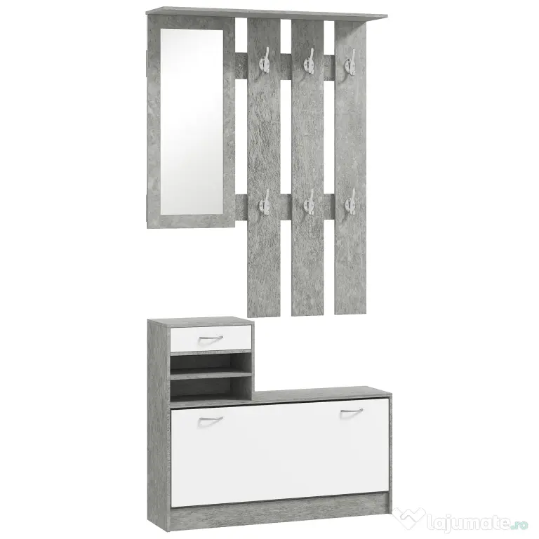 HOMCOM Mobilier Hol, 3 piese, cu Raft pentru Haine, Oglindă, 6 Cârlige, 2 Rafturi și Sertare, 90x24x177 cm, Gri | Aosom Romania