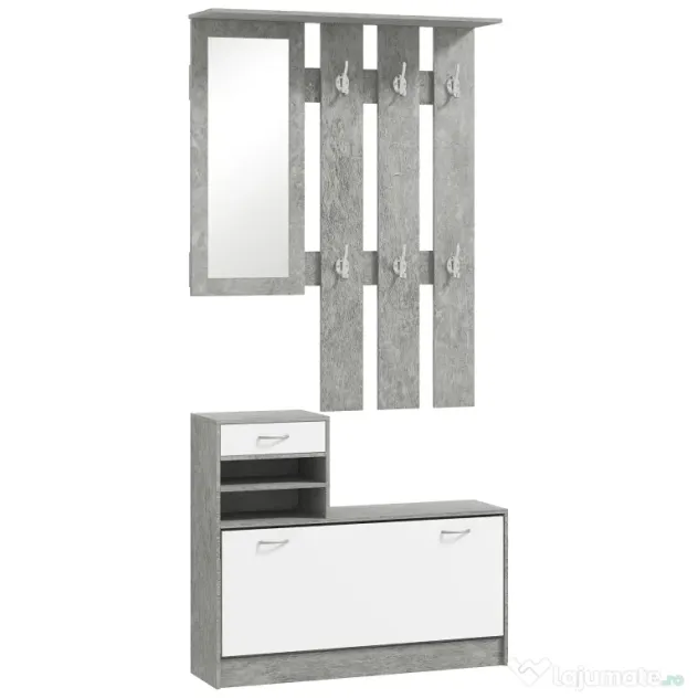 HOMCOM Mobilier Hol, 3 piese, cu Raft pentru Haine, Oglindă, 6 Cârlige, 2 Rafturi și Sertare, 90x24x177 cm, Gri | Aosom Romania