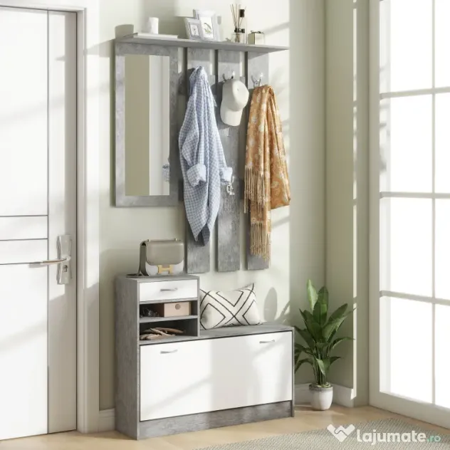 HOMCOM Mobilier Hol, 3 piese, cu Raft pentru Haine, Oglindă, 6 Cârlige, 2 Rafturi și Sertare, 90x24x177 cm, Gri | Aosom Romania