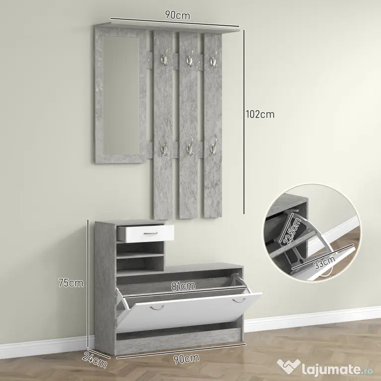HOMCOM Mobilier Hol, 3 piese, cu Raft pentru Haine, Oglindă, 6 Cârlige, 2 Rafturi și Sertare, 90x24x177 cm, Gri | Aosom Romania