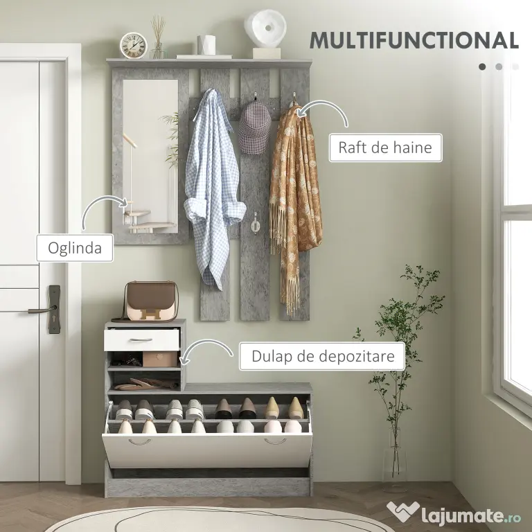 HOMCOM Mobilier Hol, 3 piese, cu Raft pentru Haine, Oglindă, 6 Cârlige, 2 Rafturi și Sertare, 90x24x177 cm, Gri | Aosom Romania
