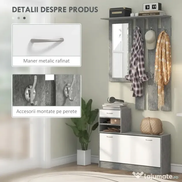 HOMCOM Mobilier Hol, 3 piese, cu Raft pentru Haine, Oglindă, 6 Cârlige, 2 Rafturi și Sertare, 90x24x177 cm, Gri | Aosom Romania