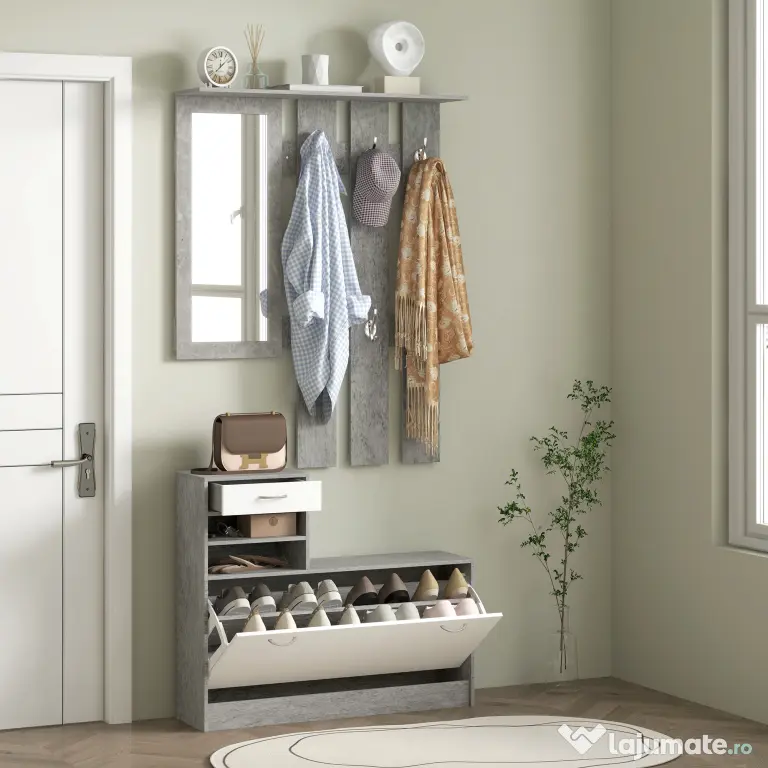 HOMCOM Mobilier Hol, 3 piese, cu Raft pentru Haine, Oglindă, 6 Cârlige, 2 Rafturi și Sertare, 90x24x177 cm, Gri | Aosom Romania