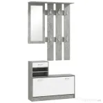 HOMCOM Mobilier pentru Hol cu Raft pentru Încălțăminte, Oglindă, 6 Cârlige, 2 Rafturi și Sertare, 90x24x177 cm, Gri
